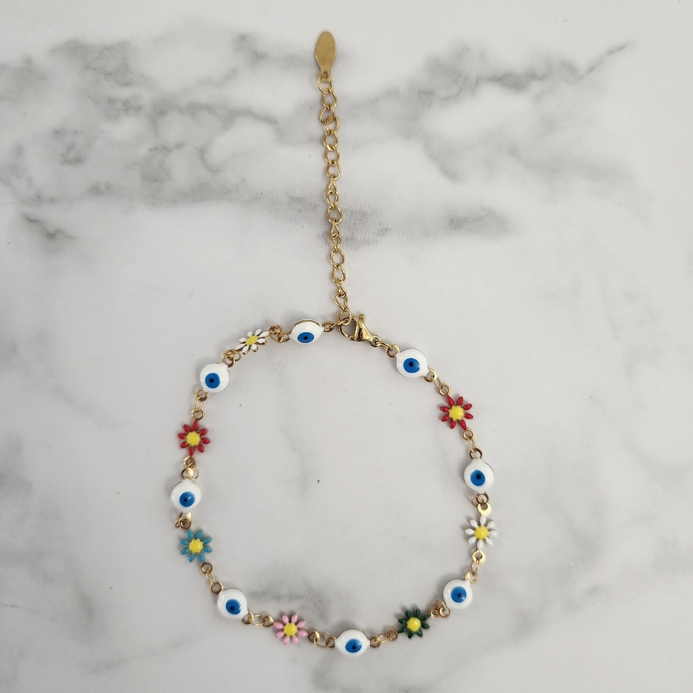 Multi Color Stainless Steel Floral Evil Eye Charm Anklet Summer Accesories - Picture 11 of 16